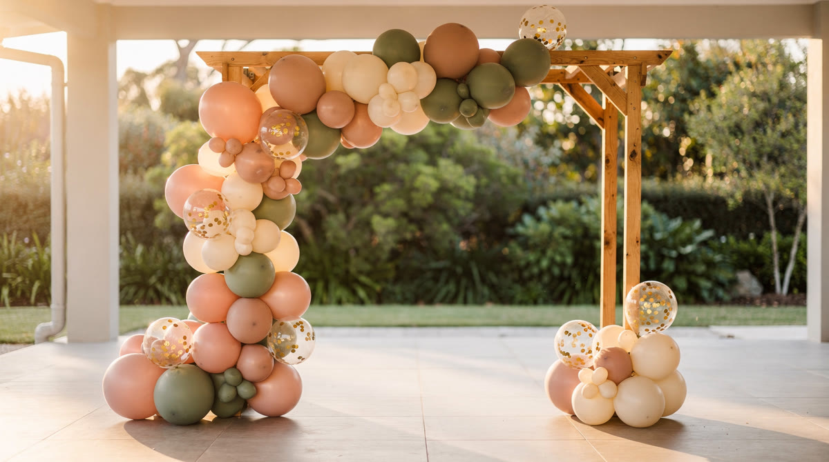 Organic balloon garland in blush, sage green, cream and gold confetti balloons draped over a natural wood arch on a covered patio at golden hour