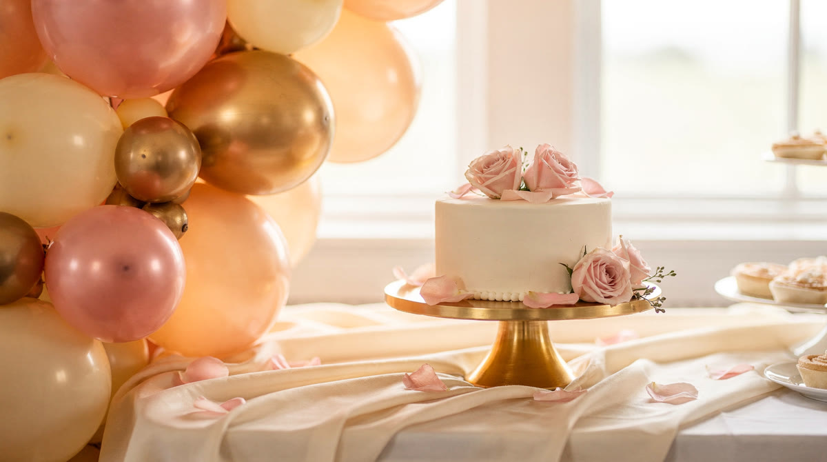 Blush, cream and gold balloons beside a small white cake with pink roses on a gold cake stand, on ivory linen in warm window light