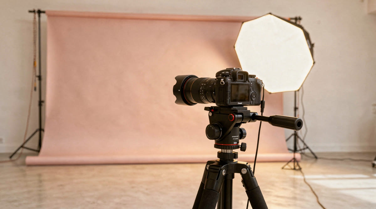 Camera on a tripod in a bright portrait studio with a glowing octagonal softbox and a blush pink seamless paper backdrop