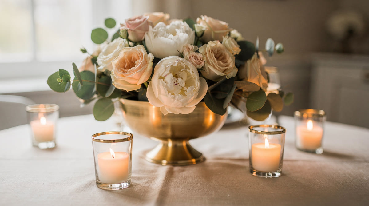 Blush and cream roses, white peonies and eucalyptus in a gold footed compote with glowing votive candles on ivory linen