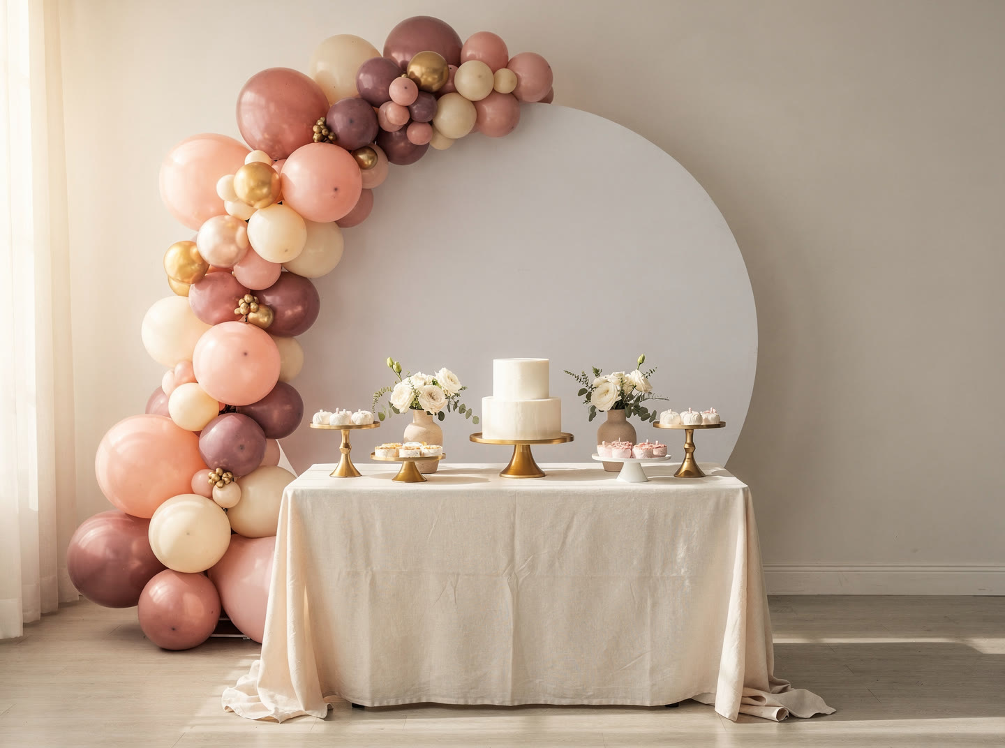 Blush, mauve, cream and gold balloon garland arching over a round white backdrop, with a dessert table in ivory linen holding a two-tier white cake on a gold stand and small floral arrangements
