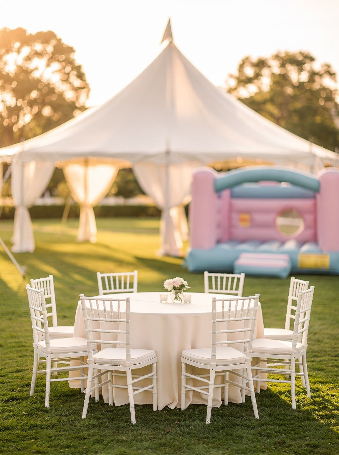 Round table in ivory linen with white Chiavari chairs on a lawn, a white peaked tent and a pastel pink and blue bounce house behind at golden hour