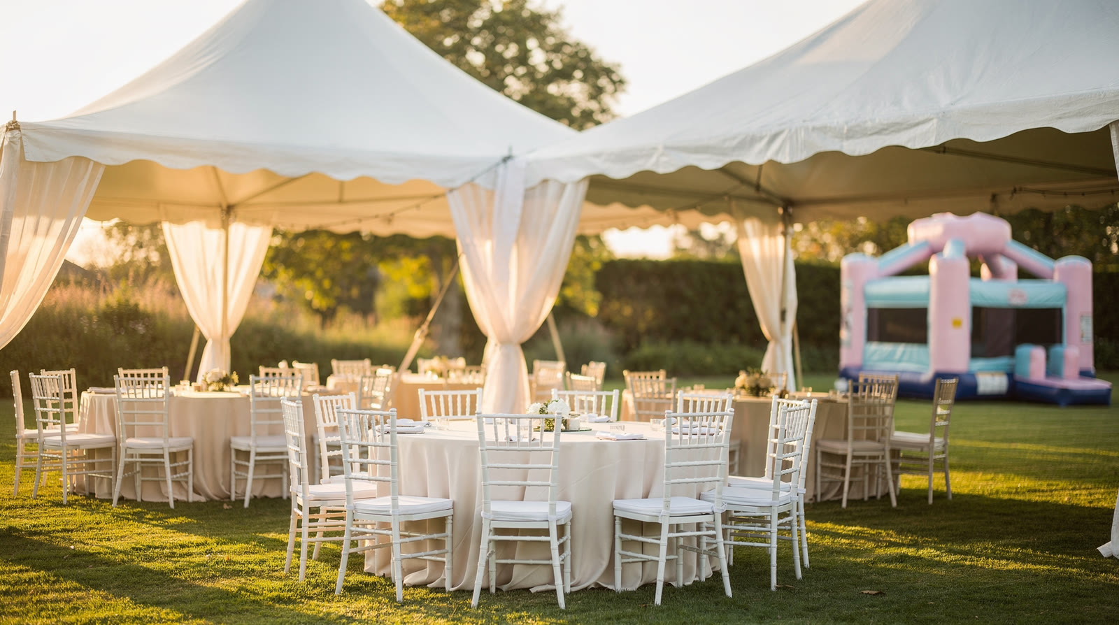 White frame tents with sheer drapes over round tables in ivory linens and white Chiavari chairs on a lawn at golden hour, with a pastel pink and blue bounce house behind