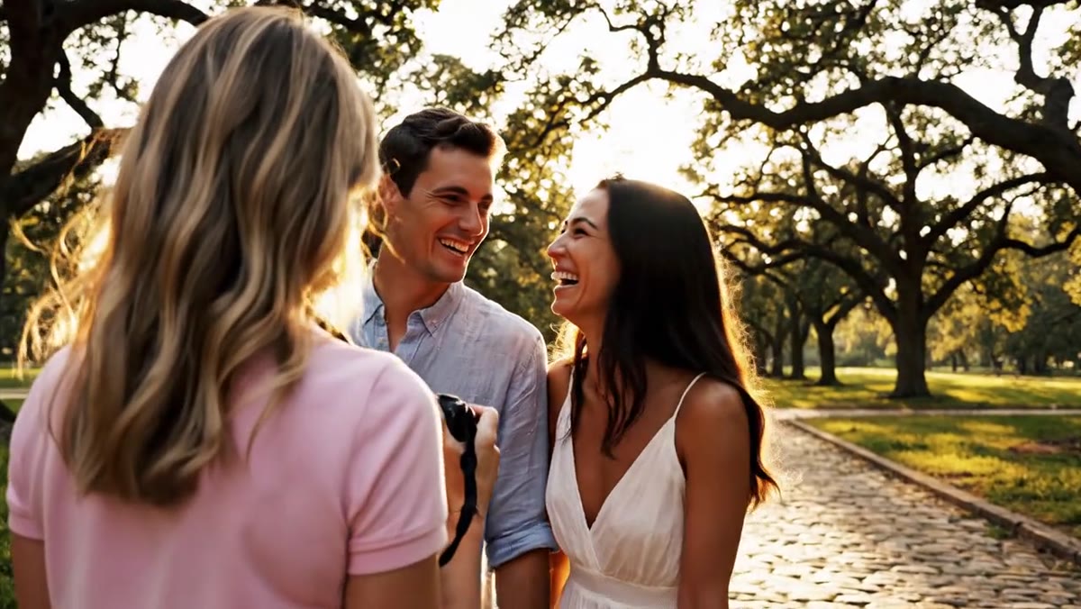 Photographer seen from behind photographing a laughing couple on a sunlit oak-lined park path