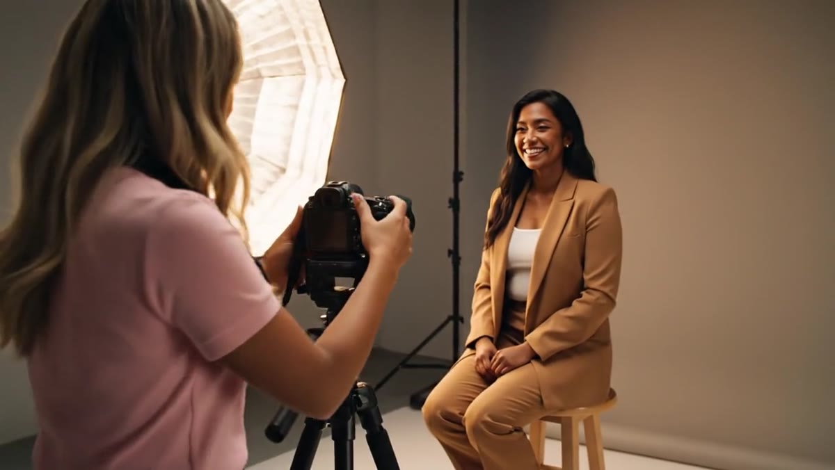 Photographer at a tripod in a bright studio photographing a businesswoman in a camel suit seated in front of a warm-grey backdrop