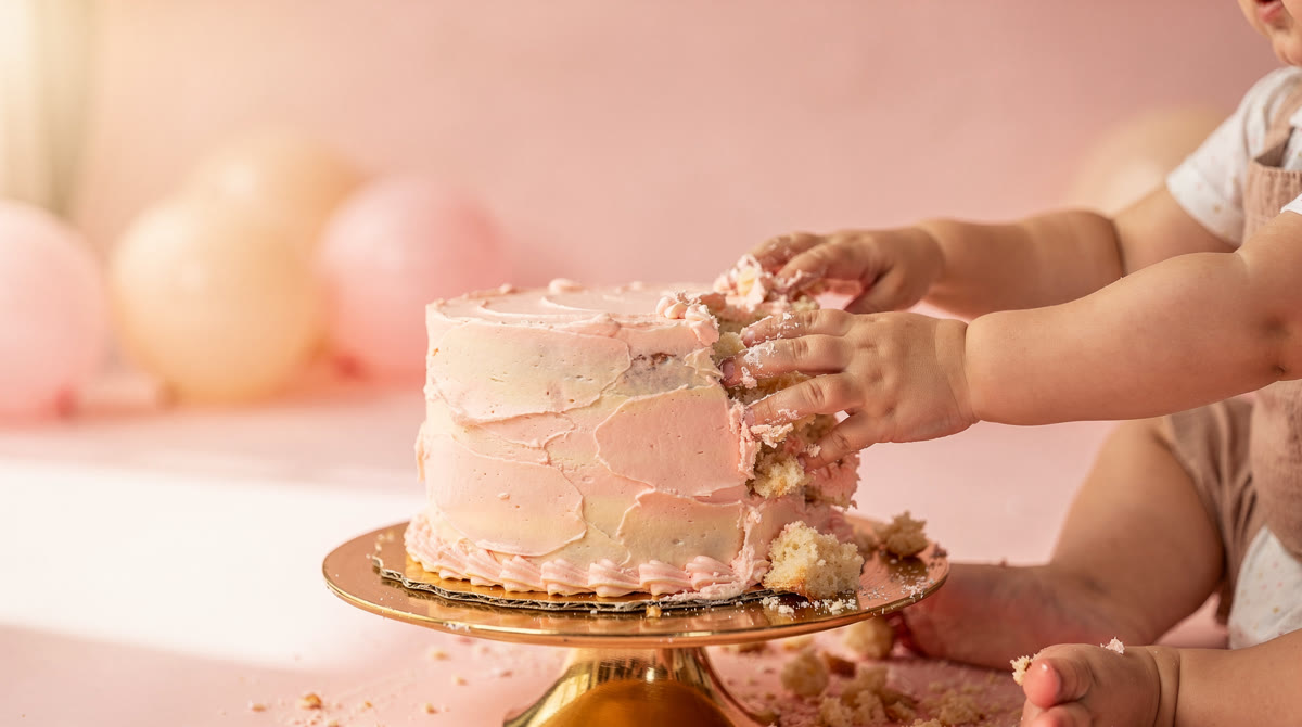 Toddler's hands reaching into a small pastel smash cake on a gold stand in front of a blush studio backdrop